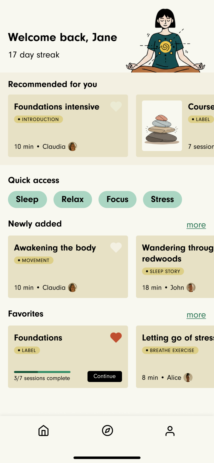 7Mind home screen: Welcome back greeting with streak count, Recommended for you, Quick access filters, Newly added, and Favorites sections
