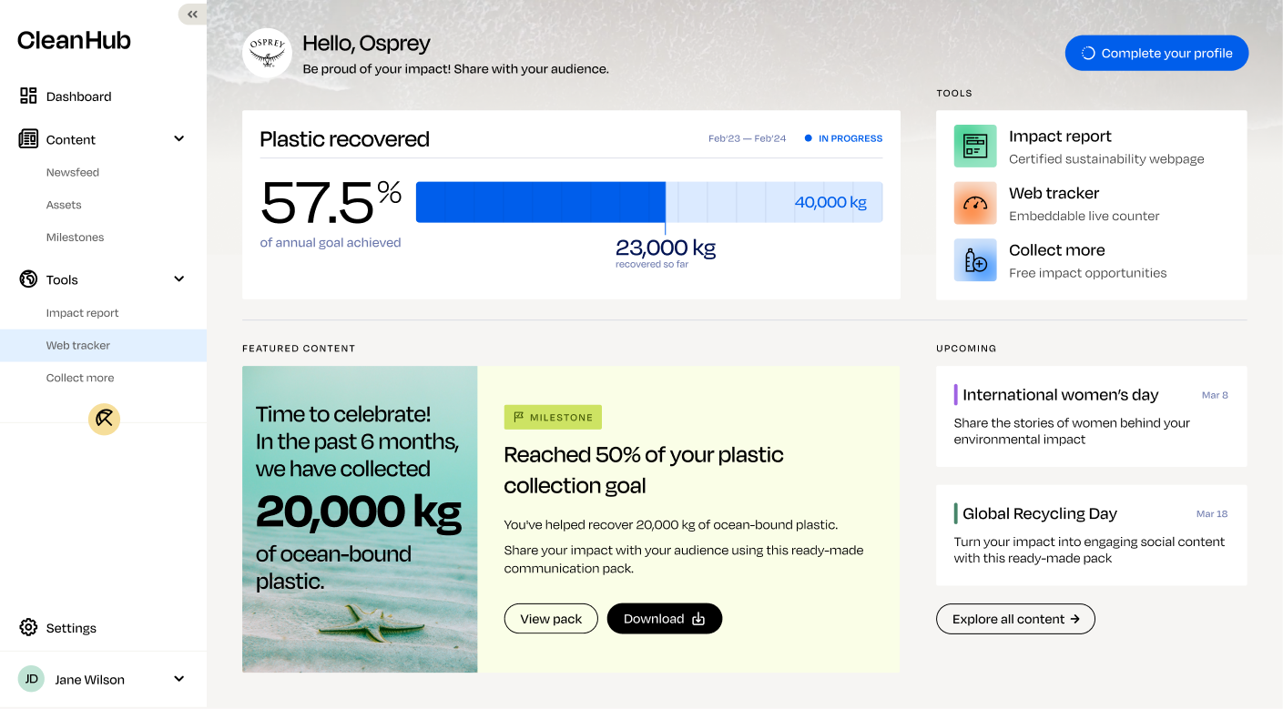 CleanHub Impact Platform dashboard, showing plastic recovery progress and content tools