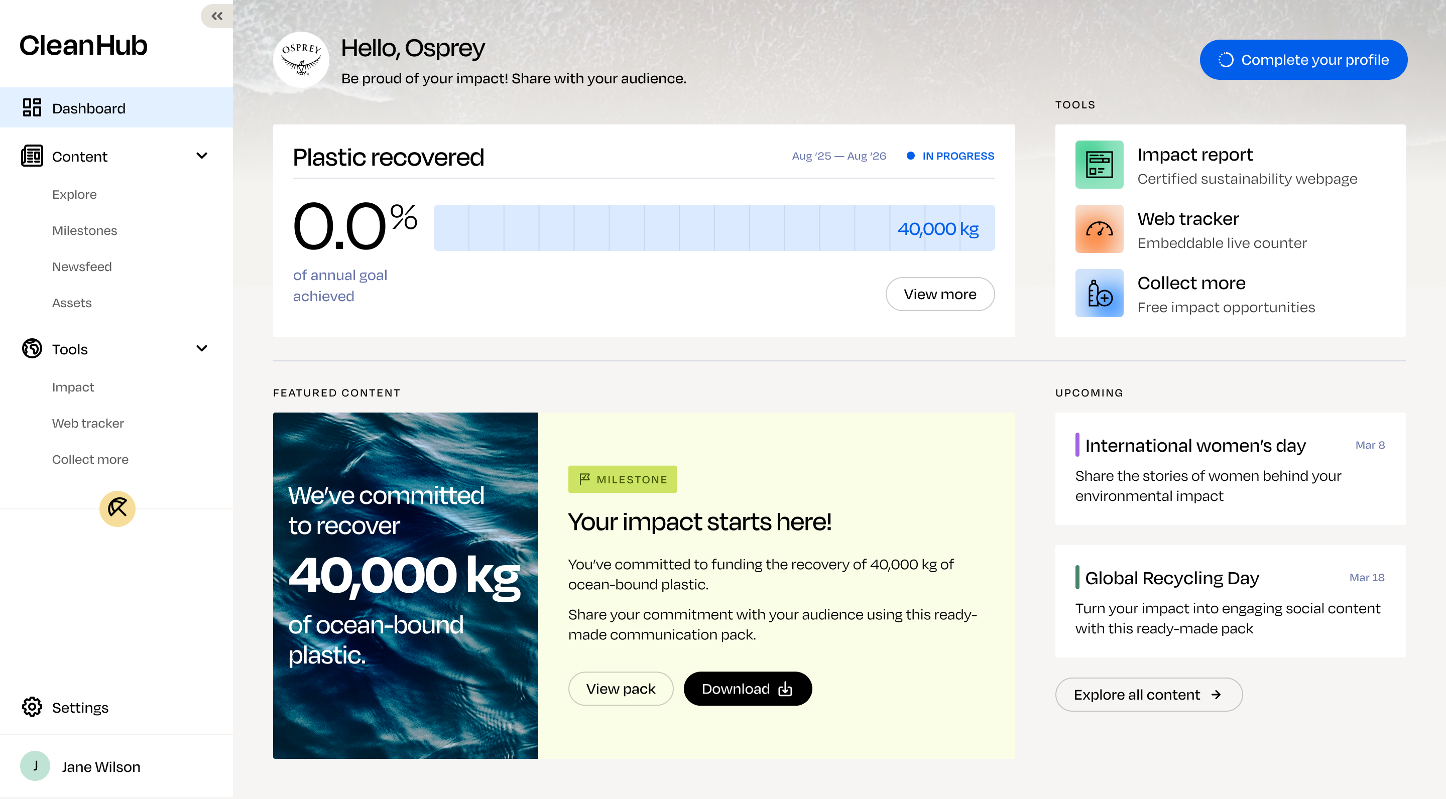 CleanHub dashboard for a new customer with no recovery yet