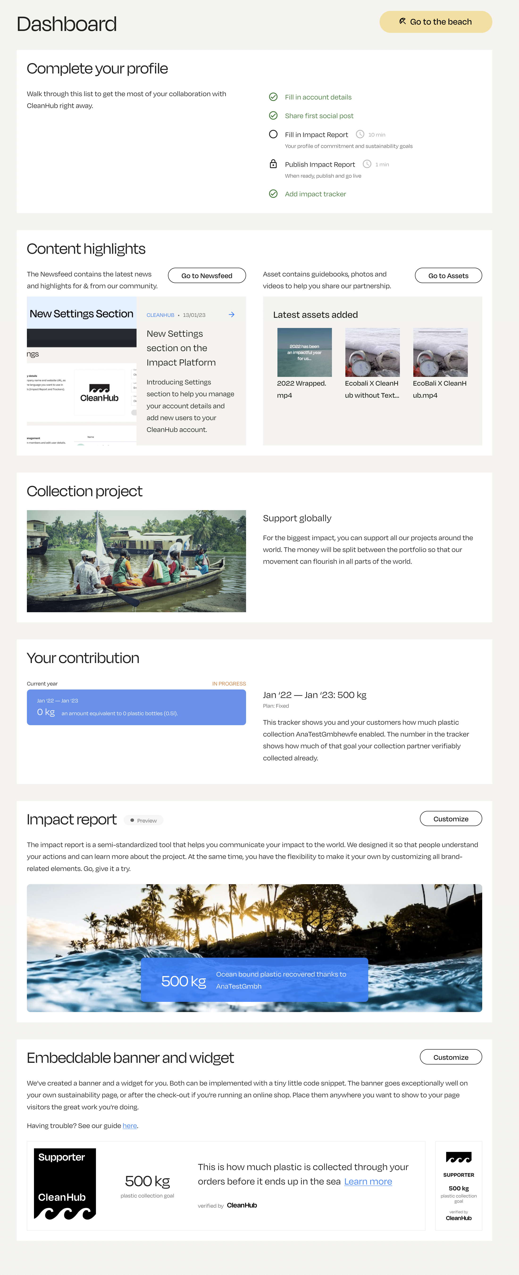 Old CleanHub dashboard, full scroll: onboarding checklist, content highlights, collection project, your contribution, impact report, embeddable banner