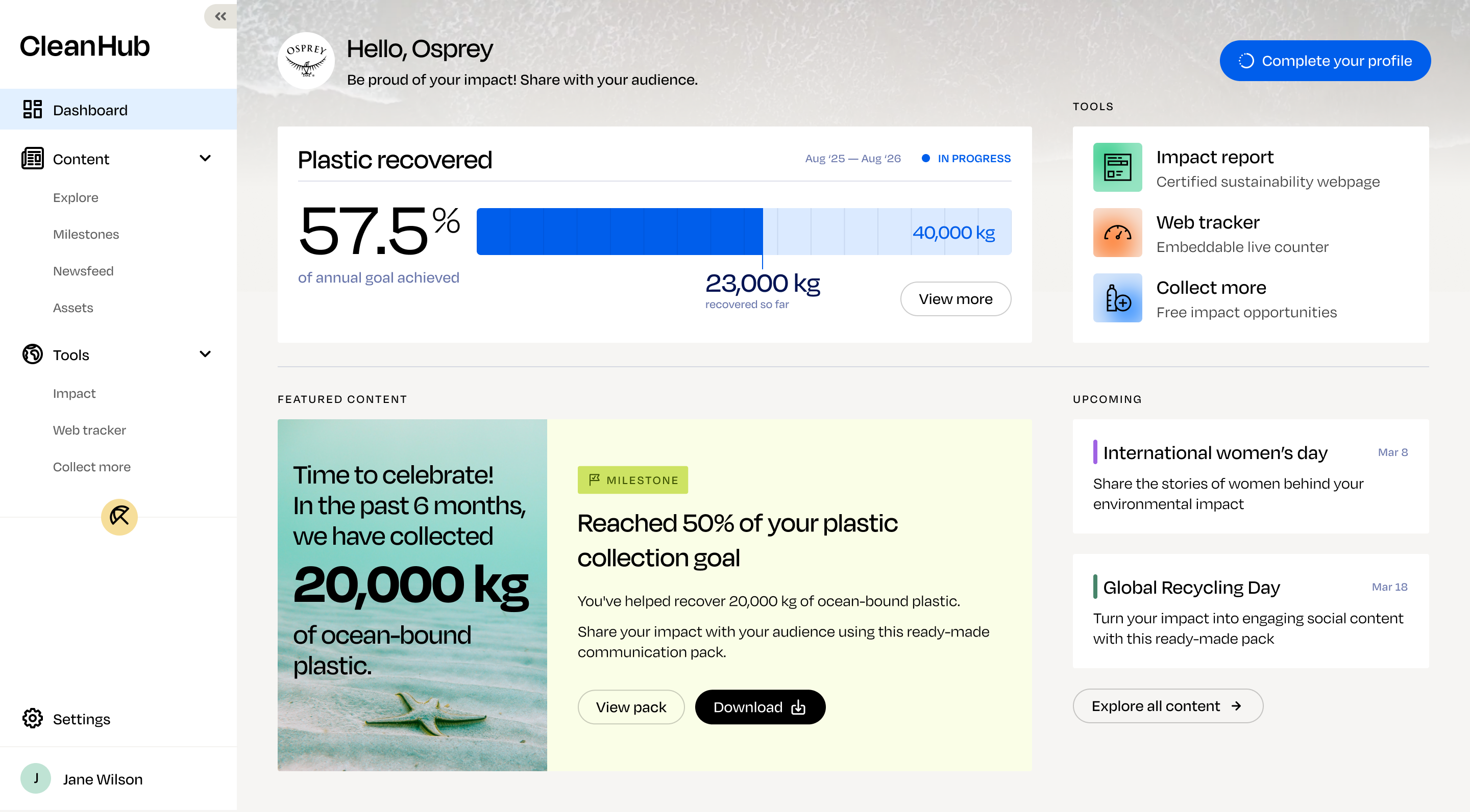 CleanHub Impact Platform dashboard, showing plastic recovery progress and content tools