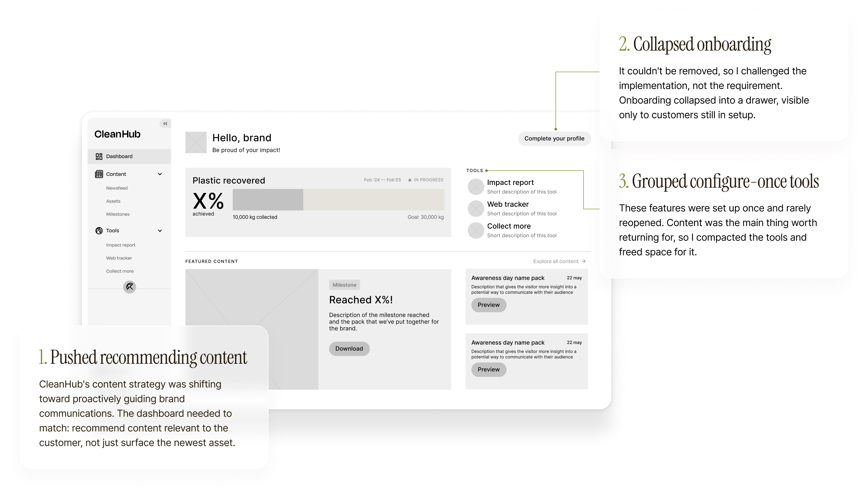 Three decisions: pushed recommending content, collapsed onboarding into a drawer, grouped configure-once tools