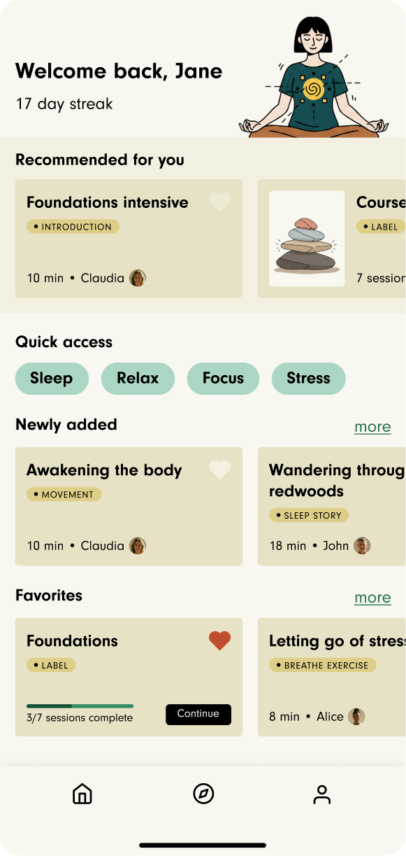 7Mind home screen, showing recommended sessions and quick-access mood filters